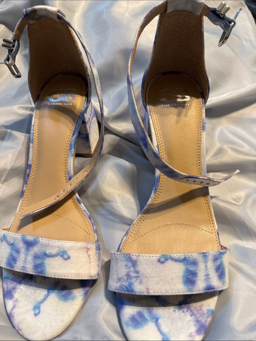 Gianni Bini Blue & White Tie-Dye Ankle Strap Block Heels